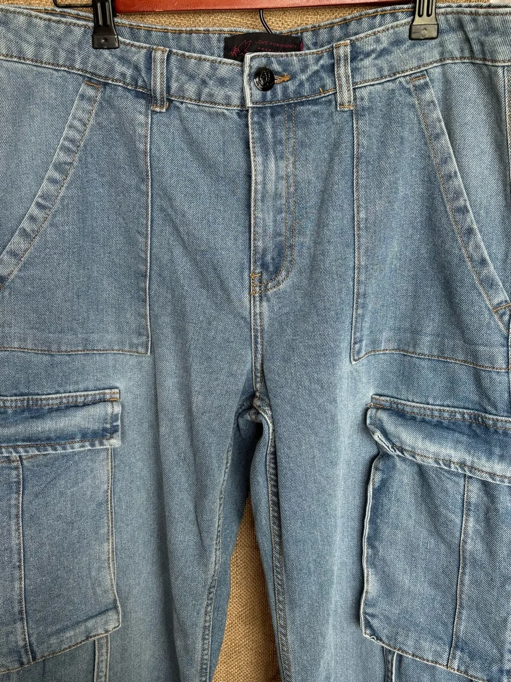 Light Wash Denim Wide Leg Cargo Pockets and Buckled Straps Skater Jeans